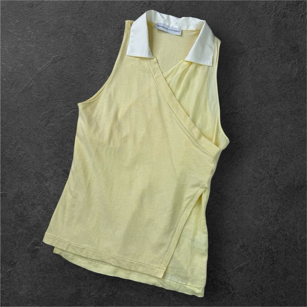 Bruno Cucinelli Yellow White Collar Sleeveless Preppy Blouse Top Size XS
